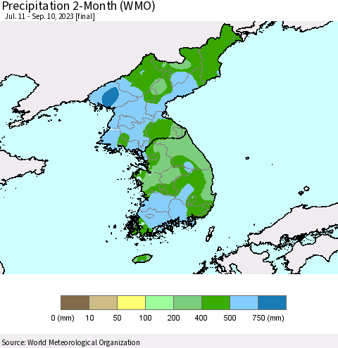 Korea Precipitation 2-Month (WMO) Thematic Map For 7/11/2023 - 9/10/2023