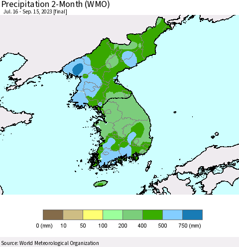 Korea Precipitation 2-Month (WMO) Thematic Map For 7/16/2023 - 9/15/2023