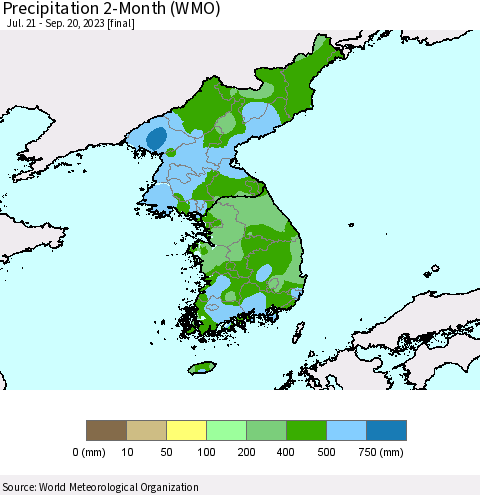 Korea Precipitation 2-Month (WMO) Thematic Map For 7/21/2023 - 9/20/2023