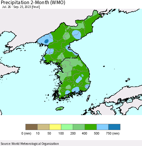 Korea Precipitation 2-Month (WMO) Thematic Map For 7/26/2023 - 9/25/2023