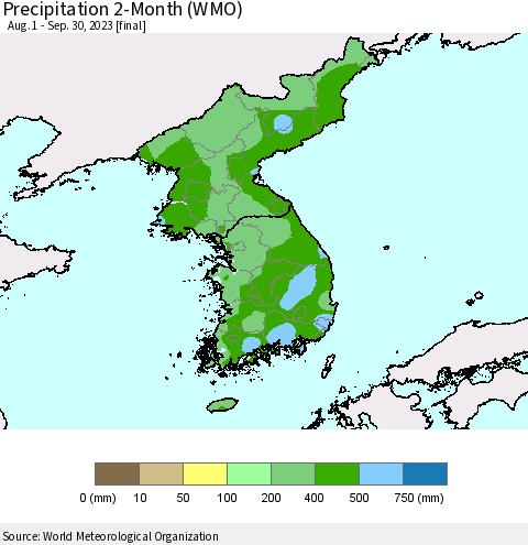 Korea Precipitation 2-Month (WMO) Thematic Map For 8/1/2023 - 9/30/2023