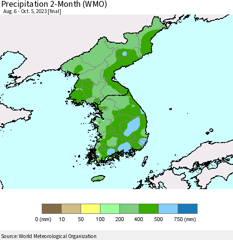 Korea Precipitation 2-Month (WMO) Thematic Map For 8/6/2023 - 10/5/2023