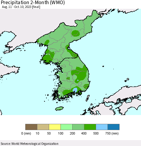 Korea Precipitation 2-Month (WMO) Thematic Map For 8/11/2023 - 10/10/2023