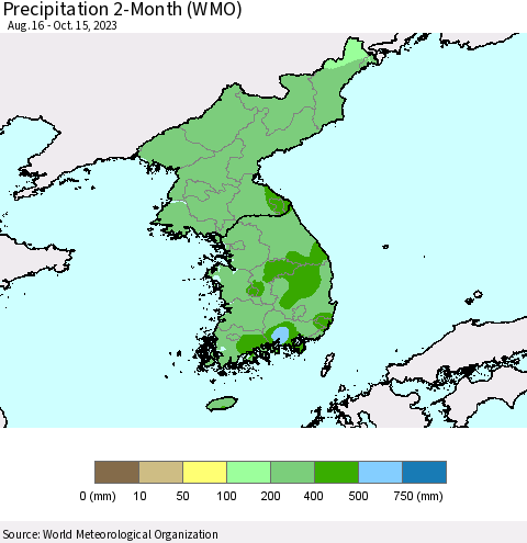 Korea Precipitation 2-Month (WMO) Thematic Map For 8/16/2023 - 10/15/2023