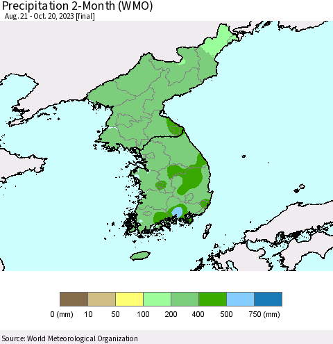 Korea Precipitation 2-Month (WMO) Thematic Map For 8/21/2023 - 10/20/2023