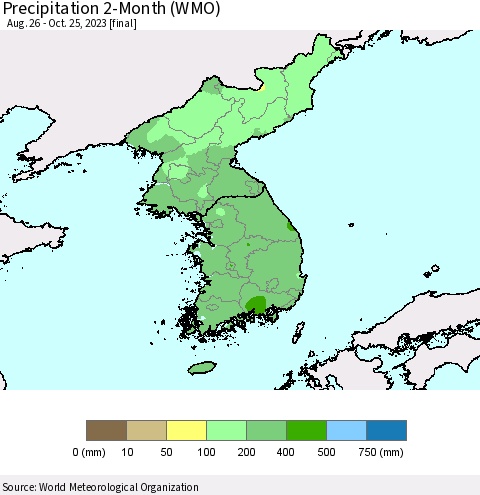 Korea Precipitation 2-Month (WMO) Thematic Map For 8/26/2023 - 10/25/2023
