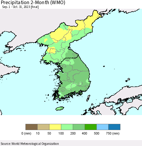 Korea Precipitation 2-Month (WMO) Thematic Map For 9/1/2023 - 10/31/2023