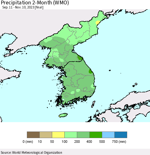 Korea Precipitation 2-Month (WMO) Thematic Map For 9/11/2023 - 11/10/2023