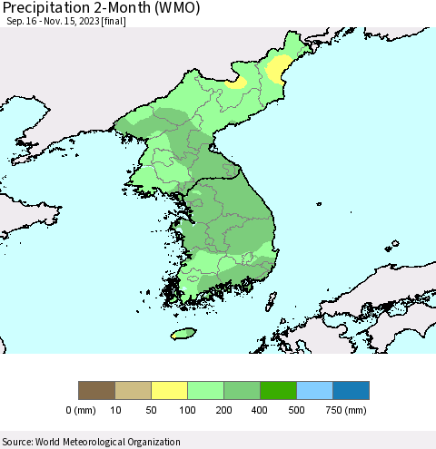 Korea Precipitation 2-Month (WMO) Thematic Map For 9/16/2023 - 11/15/2023