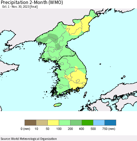 Korea Precipitation 2-Month (WMO) Thematic Map For 10/1/2023 - 11/30/2023