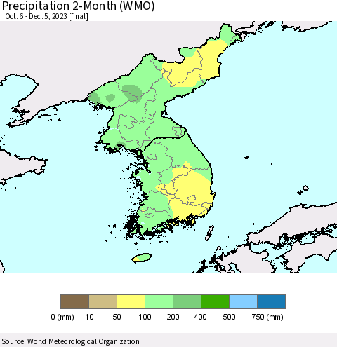 Korea Precipitation 2-Month (WMO) Thematic Map For 10/6/2023 - 12/5/2023