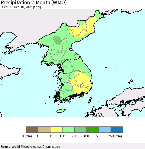 Korea Precipitation 2-Month (WMO) Thematic Map For 10/11/2023 - 12/10/2023