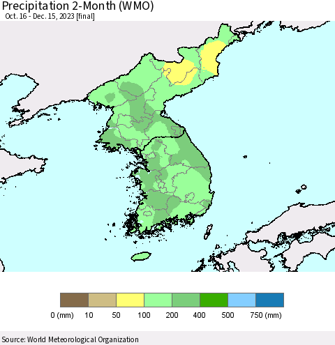 Korea Precipitation 2-Month (WMO) Thematic Map For 10/16/2023 - 12/15/2023