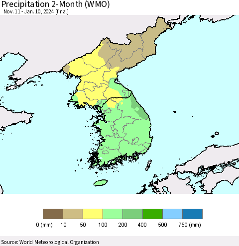 Korea Precipitation 2-Month (WMO) Thematic Map For 11/11/2023 - 1/10/2024