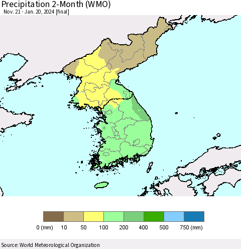 Korea Precipitation 2-Month (WMO) Thematic Map For 11/21/2023 - 1/20/2024