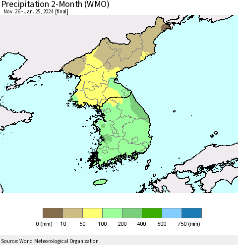 Korea Precipitation 2-Month (WMO) Thematic Map For 11/26/2023 - 1/25/2024