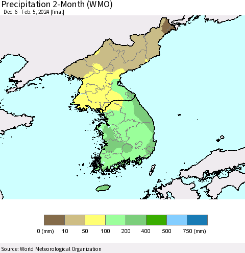 Korea Precipitation 2-Month (WMO) Thematic Map For 12/6/2023 - 2/5/2024