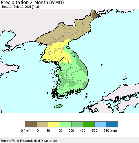 Korea Precipitation 2-Month (WMO) Thematic Map For 12/11/2023 - 2/10/2024