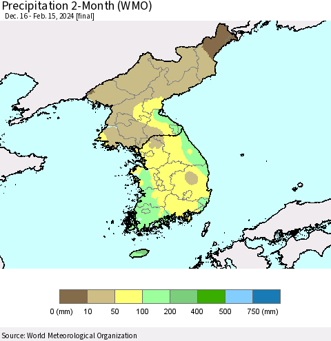 Korea Precipitation 2-Month (WMO) Thematic Map For 12/16/2023 - 2/15/2024