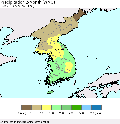 Korea Precipitation 2-Month (WMO) Thematic Map For 12/21/2023 - 2/20/2024