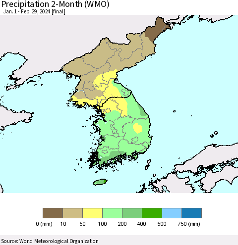 Korea Precipitation 2-Month (WMO) Thematic Map For 1/1/2024 - 2/29/2024