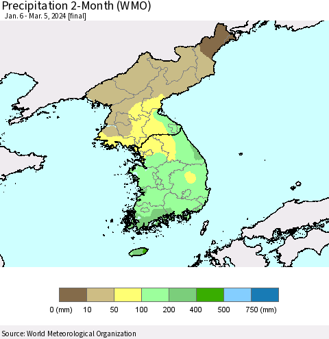 Korea Precipitation 2-Month (WMO) Thematic Map For 1/6/2024 - 3/5/2024