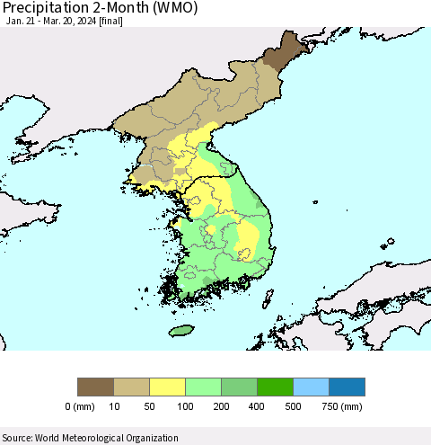 Korea Precipitation 2-Month (WMO) Thematic Map For 1/21/2024 - 3/20/2024