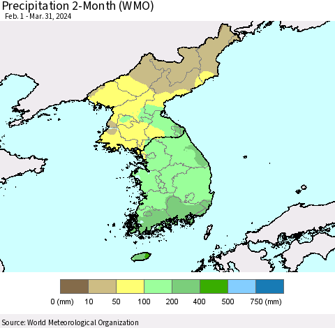 Korea Precipitation 2-Month (WMO) Thematic Map For 2/1/2024 - 3/31/2024
