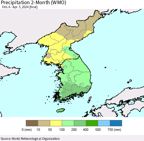 Korea Precipitation 2-Month (WMO) Thematic Map For 2/6/2024 - 4/5/2024
