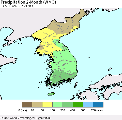 Korea Precipitation 2-Month (WMO) Thematic Map For 2/11/2024 - 4/10/2024