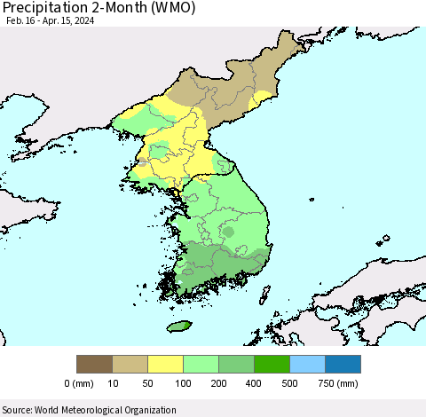 Korea Precipitation 2-Month (WMO) Thematic Map For 2/16/2024 - 4/15/2024