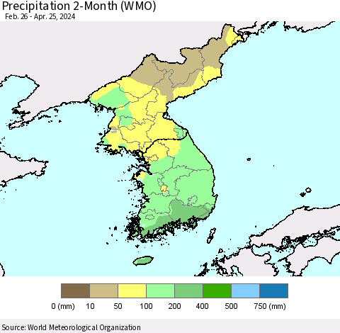 Korea Precipitation 2-Month (WMO) Thematic Map For 2/26/2024 - 4/25/2024