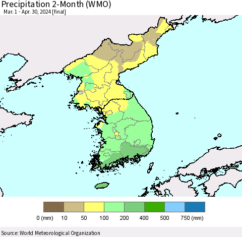 Korea Precipitation 2-Month (WMO) Thematic Map For 3/1/2024 - 4/30/2024