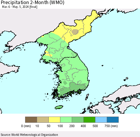 Korea Precipitation 2-Month (WMO) Thematic Map For 3/6/2024 - 5/5/2024