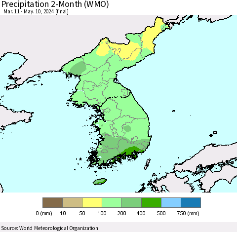 Korea Precipitation 2-Month (WMO) Thematic Map For 3/11/2024 - 5/10/2024