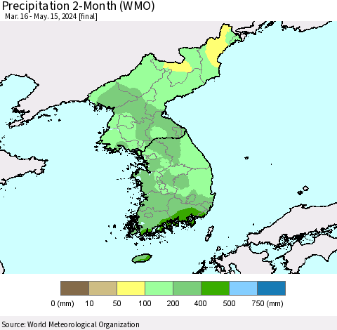 Korea Precipitation 2-Month (WMO) Thematic Map For 3/16/2024 - 5/15/2024
