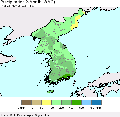 Korea Precipitation 2-Month (WMO) Thematic Map For 3/26/2024 - 5/25/2024