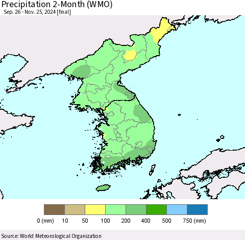Korea Precipitation 2-Month (WMO) Thematic Map For 9/26/2024 - 11/25/2024