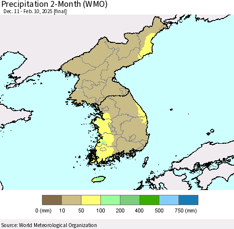 Korea Precipitation 2-Month (WMO) Thematic Map For 12/11/2024 - 2/10/2025