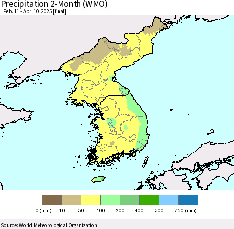 Korea Precipitation 2-Month (WMO) Thematic Map For 2/11/2025 - 4/10/2025