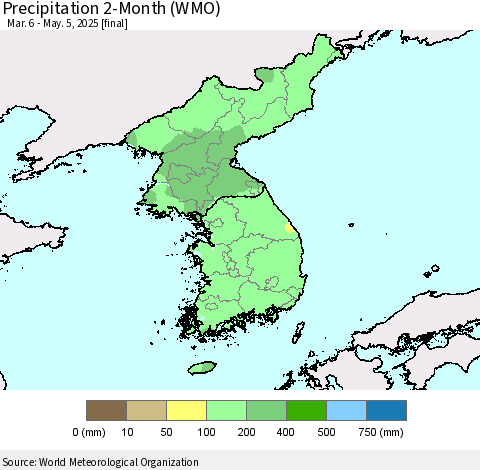 Korea Precipitation 2-Month (WMO) Thematic Map For 3/6/2025 - 5/5/2025