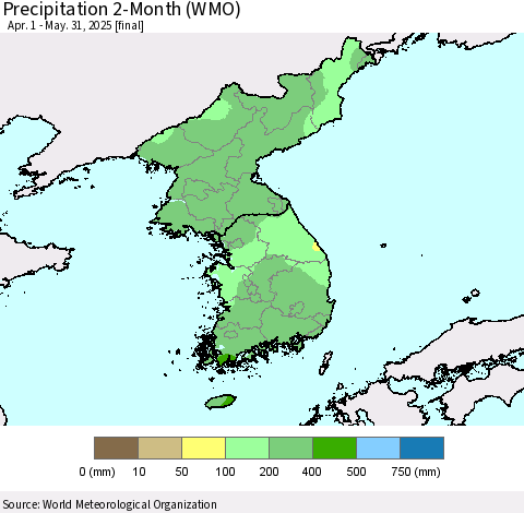 Korea Precipitation 2-Month (WMO) Thematic Map For 4/1/2025 - 5/31/2025