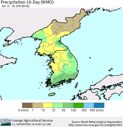 Korea Precipitation 10-Day (WMO) Thematic Map For 4/11/2020 - 4/20/2020