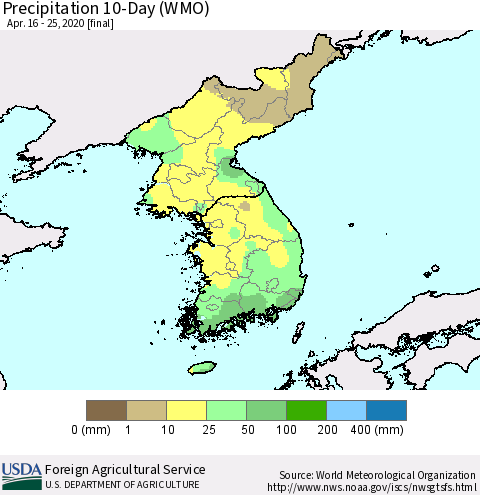 Korea Precipitation 10-Day (WMO) Thematic Map For 4/16/2020 - 4/25/2020