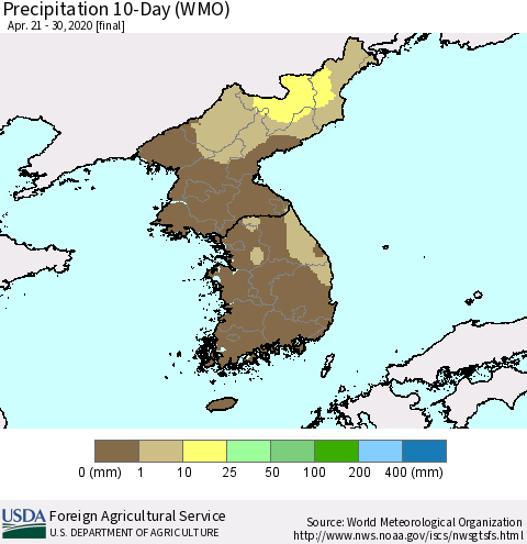 Korea Precipitation 10-Day (WMO) Thematic Map For 4/21/2020 - 4/30/2020