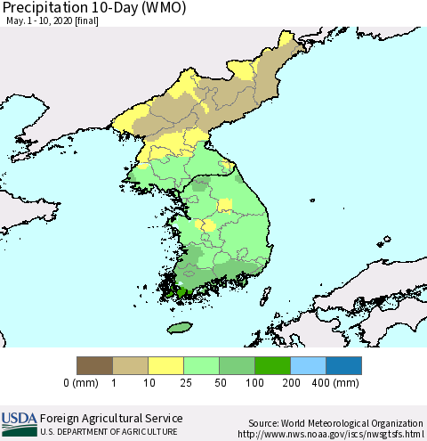 Korea Precipitation 10-Day (WMO) Thematic Map For 5/1/2020 - 5/10/2020