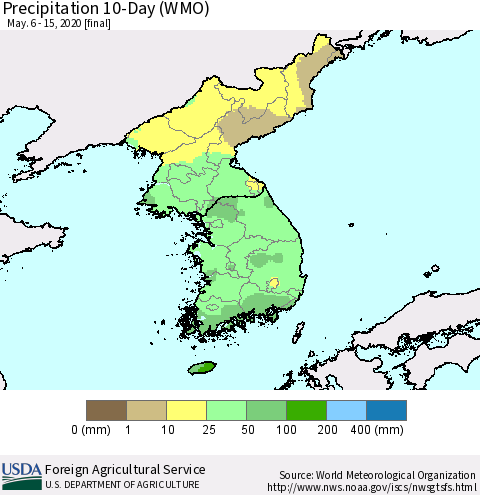 Korea Precipitation 10-Day (WMO) Thematic Map For 5/6/2020 - 5/15/2020