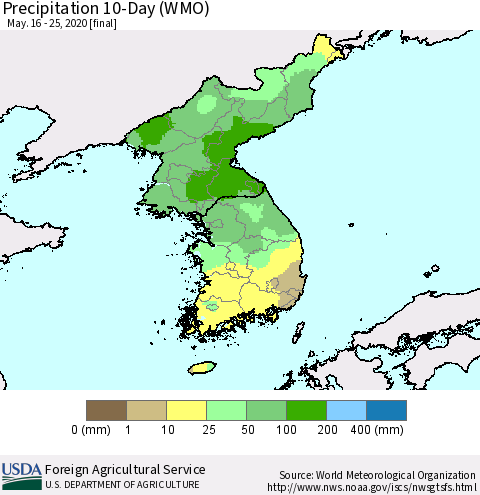 Korea Precipitation 10-Day (WMO) Thematic Map For 5/16/2020 - 5/25/2020