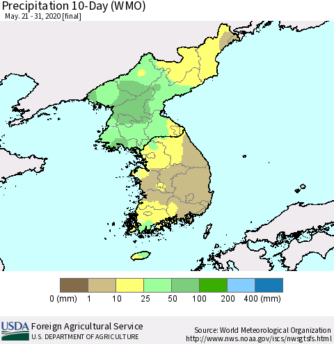 Korea Precipitation 10-Day (WMO) Thematic Map For 5/21/2020 - 5/31/2020