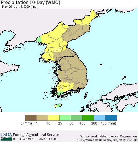 Korea Precipitation 10-Day (WMO) Thematic Map For 5/26/2020 - 6/5/2020